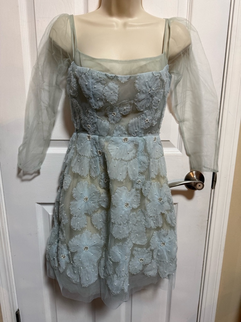 XY Bymyxy Pale Blue Floral Appliqué Tulle Dress with faux Pearls